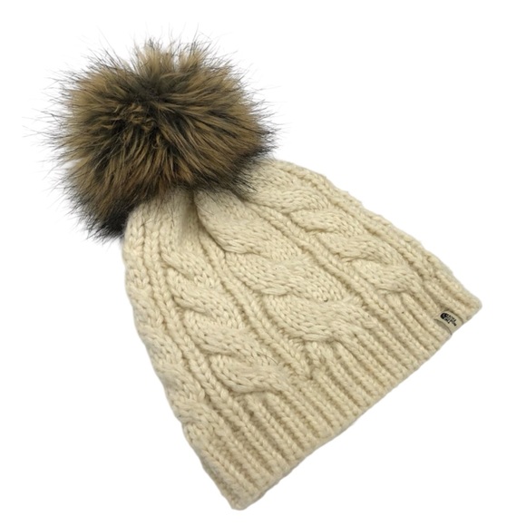 THE NORTH FACE Cozy Cable Knit Pom-Pom Beanie in Cream/Brown Size Youth Medium - Picture 1 of 8